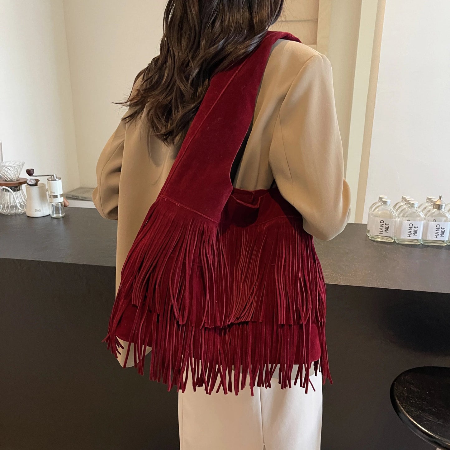 SEAME - Amanda Retro Leather Velvet Tassel Shoulder Bag for Women - Large Capacity Burgundy
