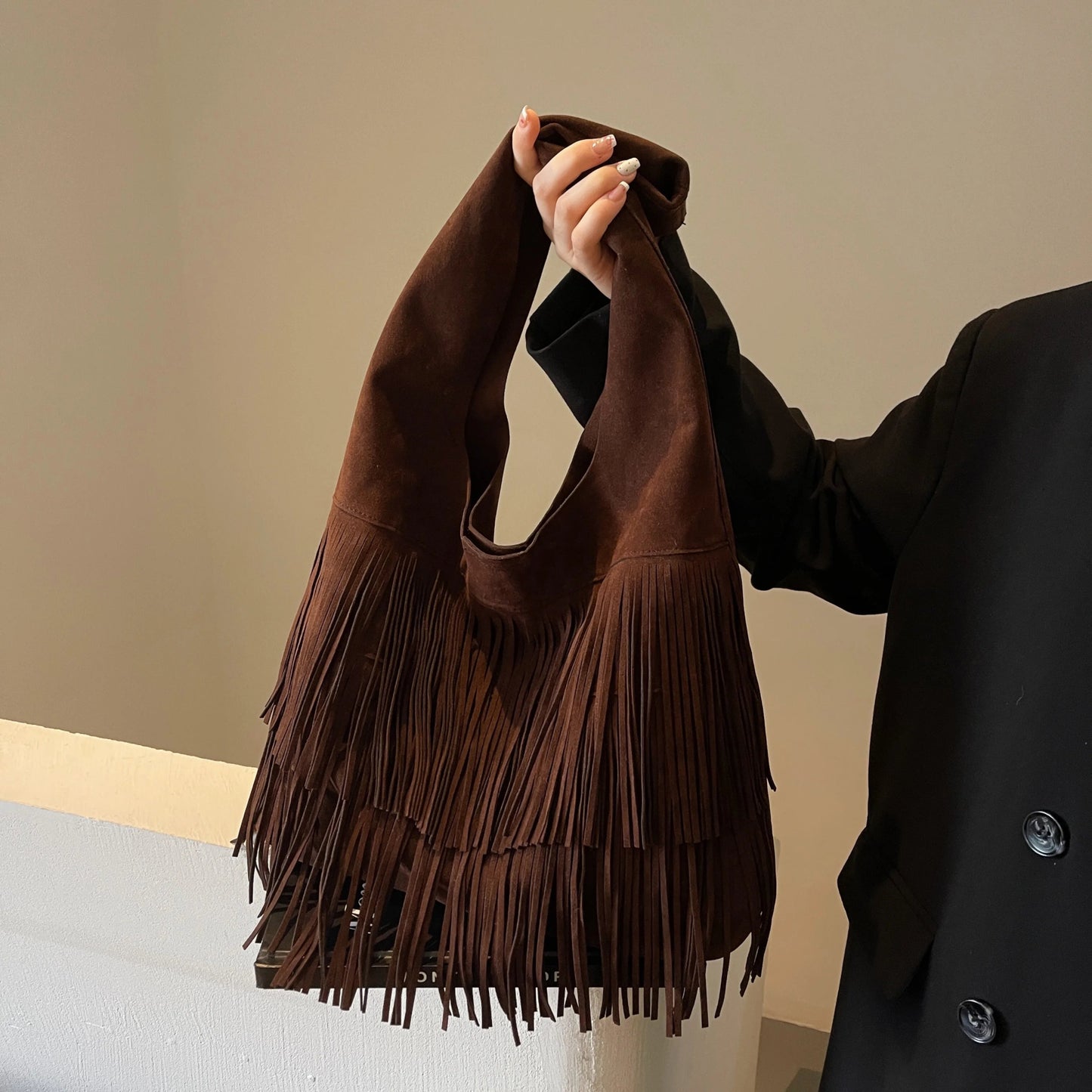 SEAME - Amanda Retro Leather Velvet Tassel Shoulder Bag for Women - Large Capacity Dark Brown