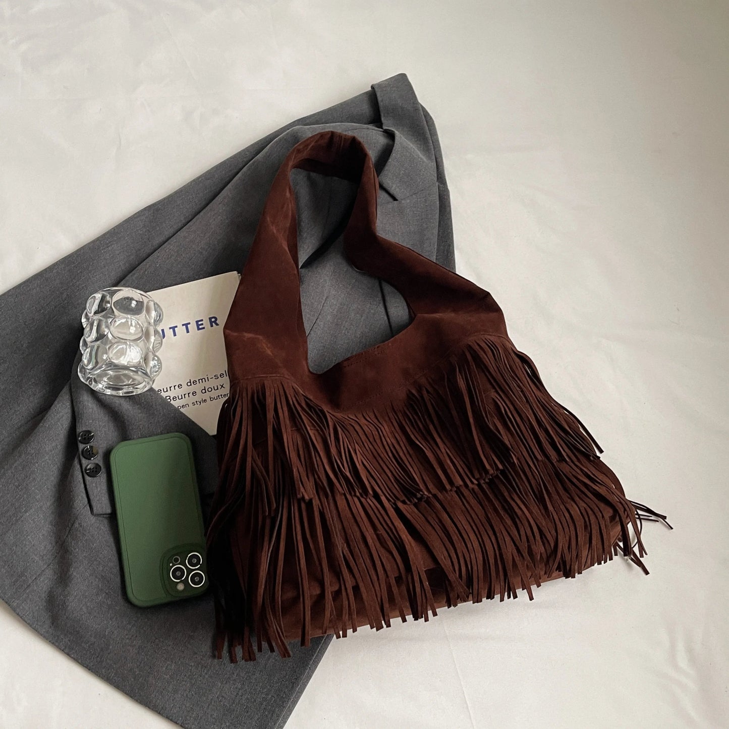 SEAME - Amanda Retro Leather Velvet Tassel Shoulder Bag for Women - Large Capacity Dark Brown