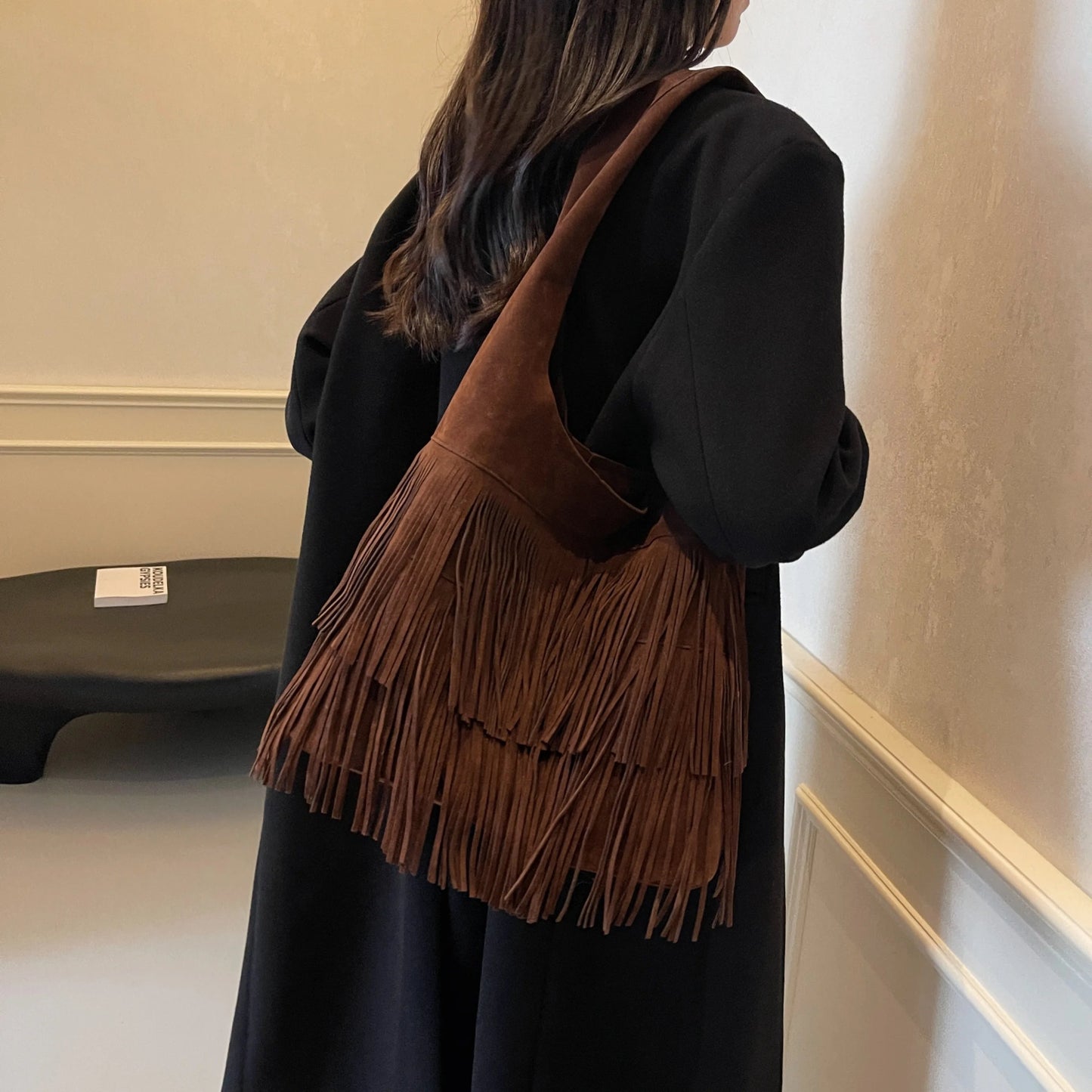 SEAME - Amanda Retro Leather Velvet Tassel Shoulder Bag for Women - Large Capacity Dark Brown