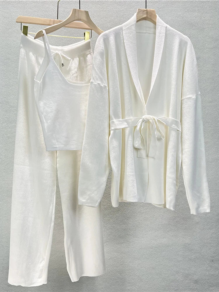 SEAME - Divine - Comfy Knitted Autumn Winter Set with belted Vest & Wide Leg Trousers White One Size