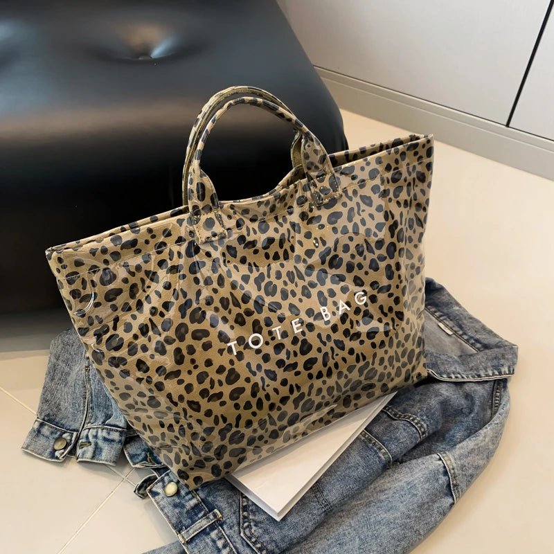SEAME - Giselle Large Capacity Tote Bag - Lightweight Eco - Friendly Beach Bag with Magic Tape Closure Leopard Dark Brown