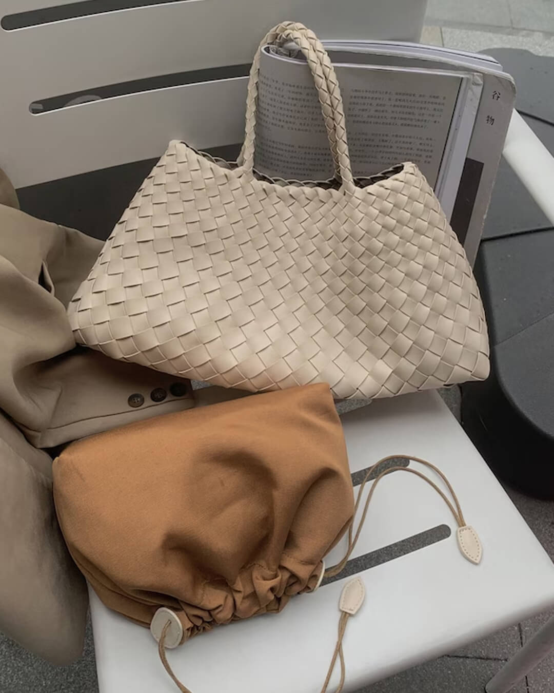 SEAME - Madeleine Vegan Leather Woven Bag Medium White Regular