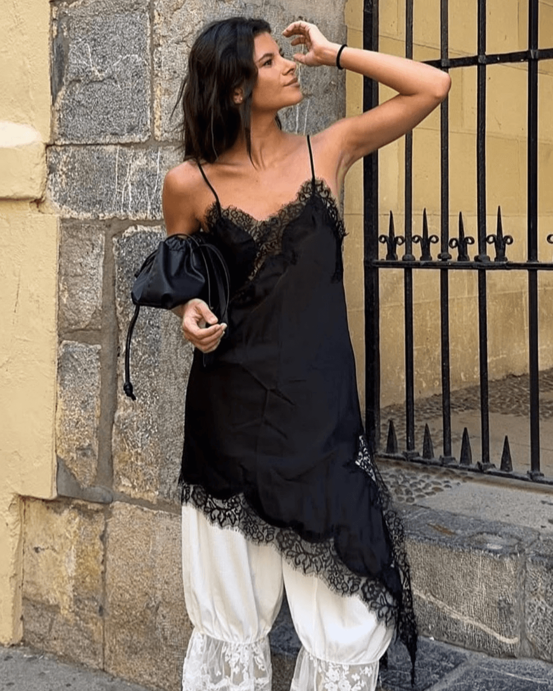 SEAME - Pia Asymmetric Satin Lace Cocktail Dress Black S