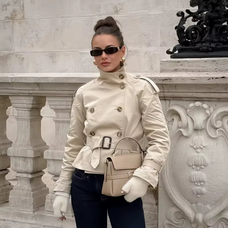 SEAME - Seame Women's Cropped Trench Coat - Stylish Spring Jacket with Belt Beige S