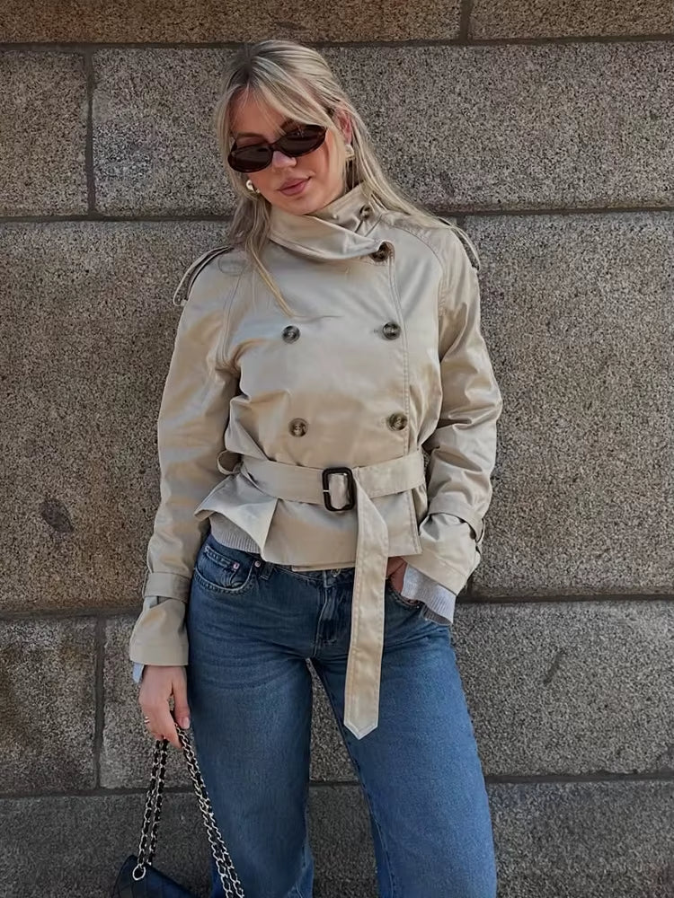 SEAME - Seame Women's Cropped Trench Coat - Stylish Spring Jacket with Belt Beige S