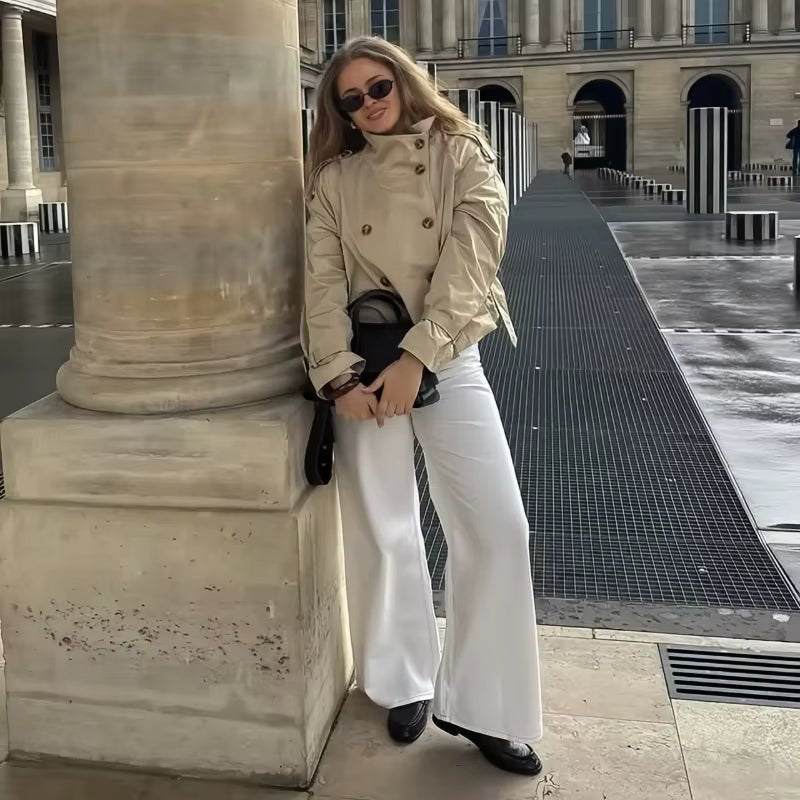SEAME - Seame Women's Cropped Trench Coat - Stylish Spring Jacket with Belt Beige S