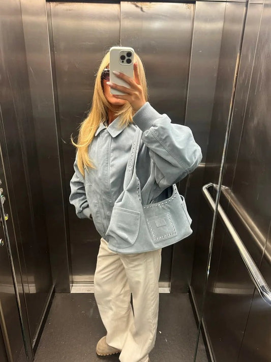 SEAME - Serrah Babyblue Suede Bomber Jacket Blue M