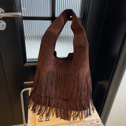 SEAME - Amanda Retro Leather Velvet Tassel Shoulder Bag for Women - Large Capacity Dark Brown