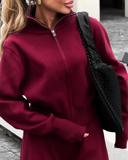 SEAME - Clarisse Set - Cozy Knitted Jacket and Wide Leg Trousers Burgundy S