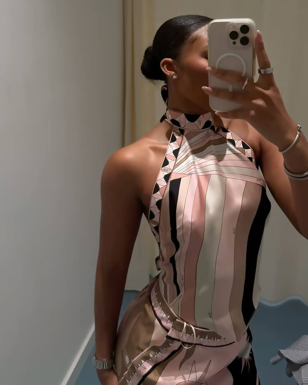 SEAME - Elijah Satin Halter Neck Top Pink L