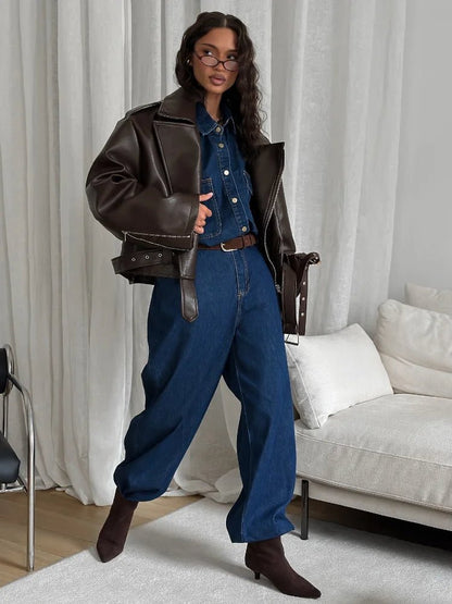 SEAME - Kyla Vegan Leather Jacket Dark Brown M