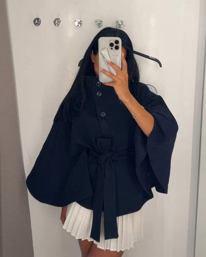 SEAME - Marianne Elegant High - Neck Belted Cape Jacket Black S