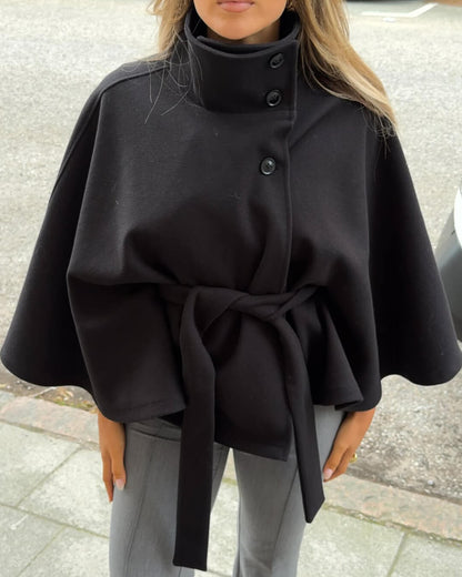 SEAME - Marianne Elegant High - Neck Belted Cape Jacket Black S