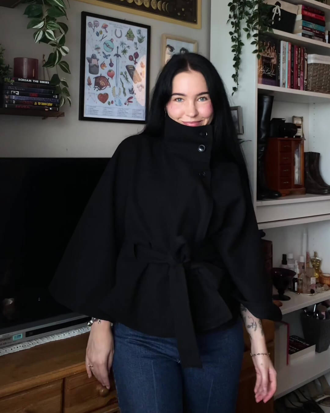 SEAME - Marianne Elegant High - Neck Belted Cape Jacket Black S