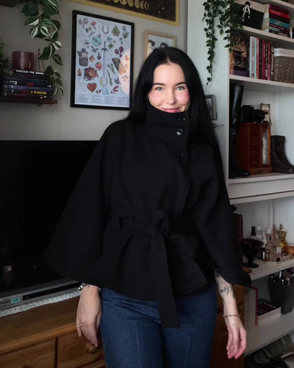 SEAME - Marianne Elegant High - Neck Belted Cape Jacket Black S