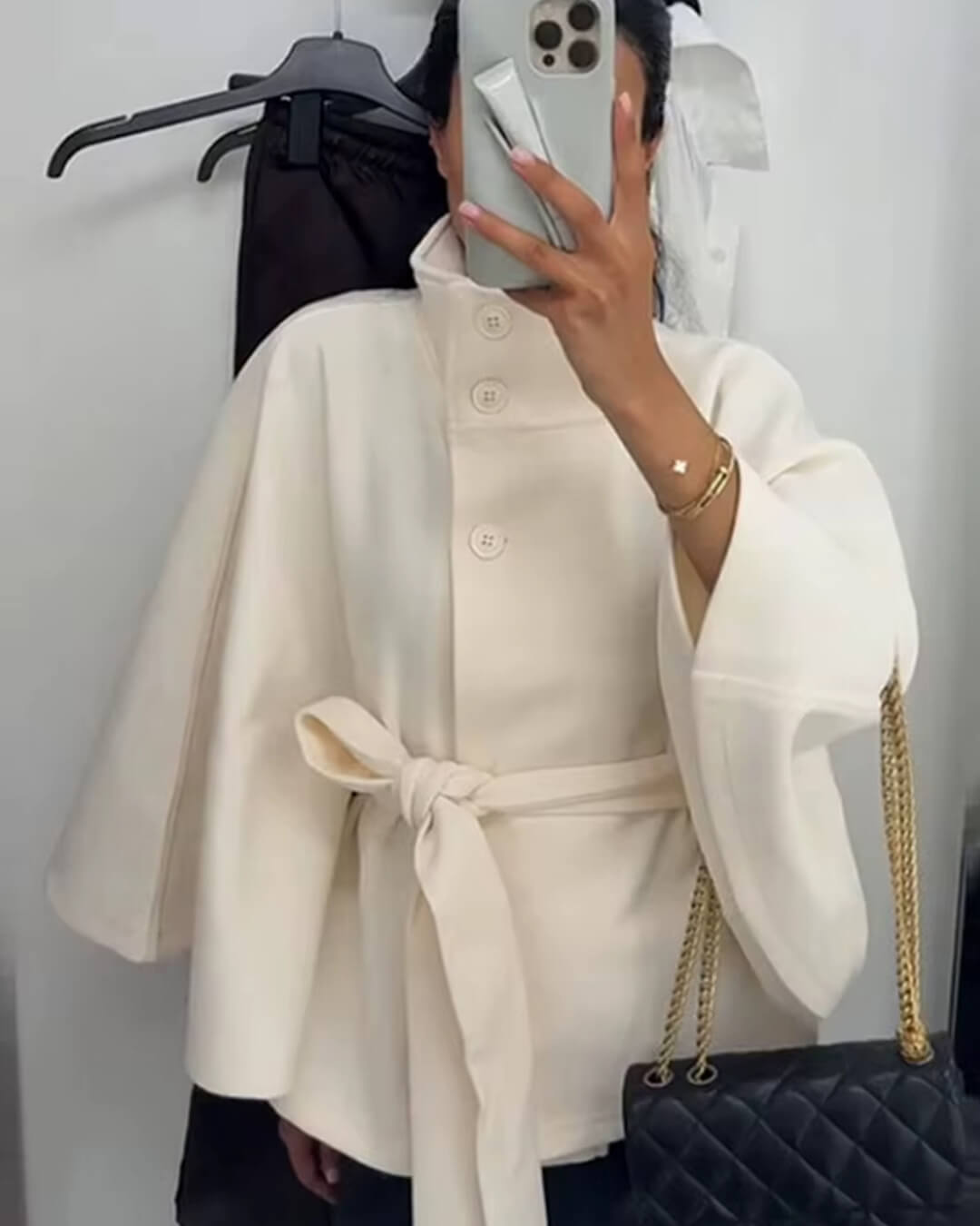 SEAME - Marianne Elegant High - Neck Belted Cape Jacket White S