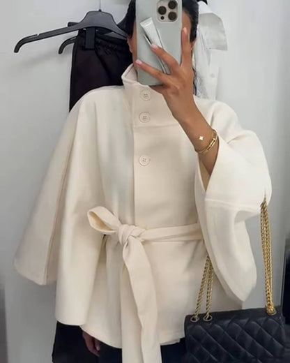SEAME - Marianne Elegant High - Neck Belted Cape Jacket White S