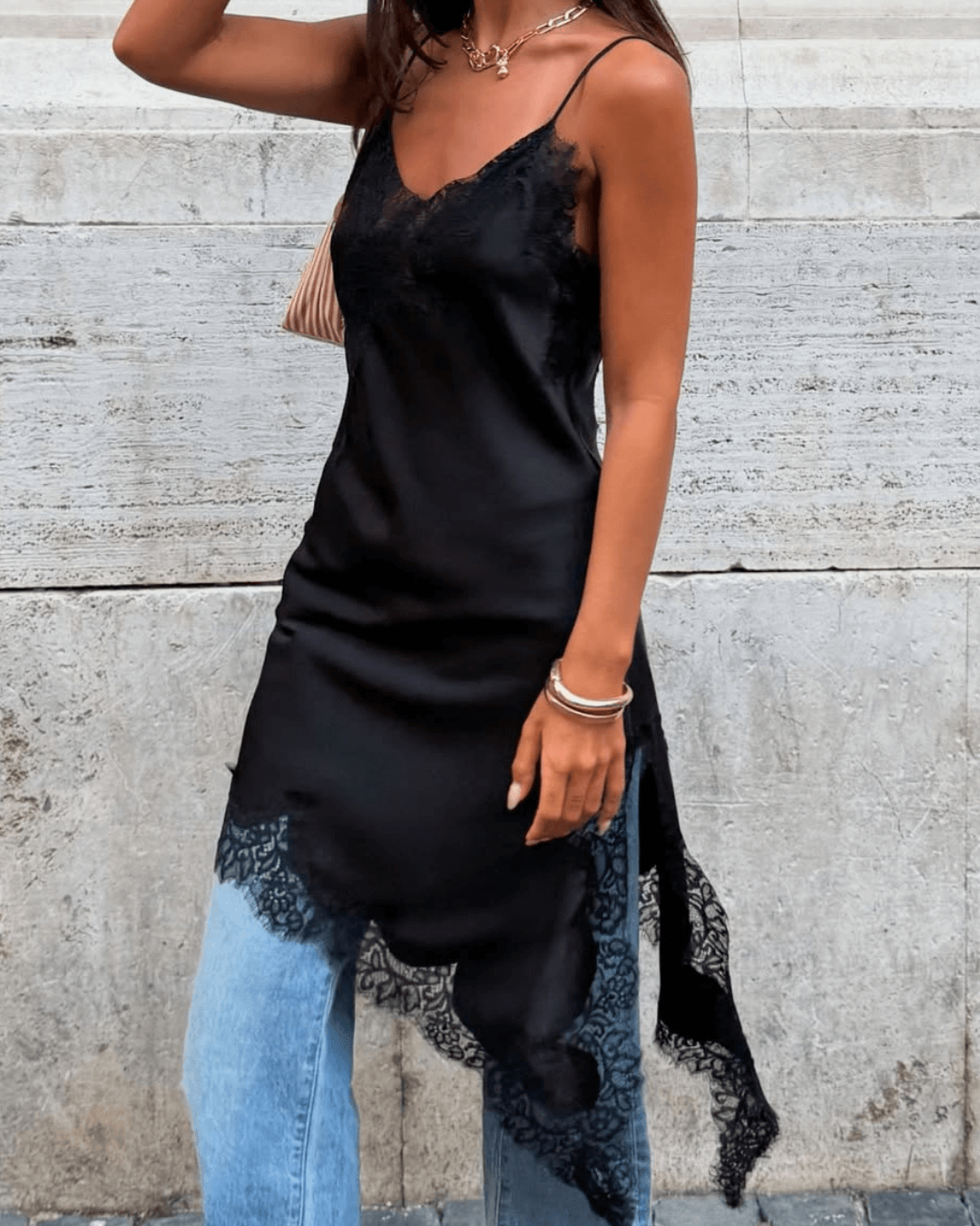 Pia Asymmetric Satin Lace Cocktail Dress SEAME Pia Asymmetric Satin Lace Cocktail Dress SEAME