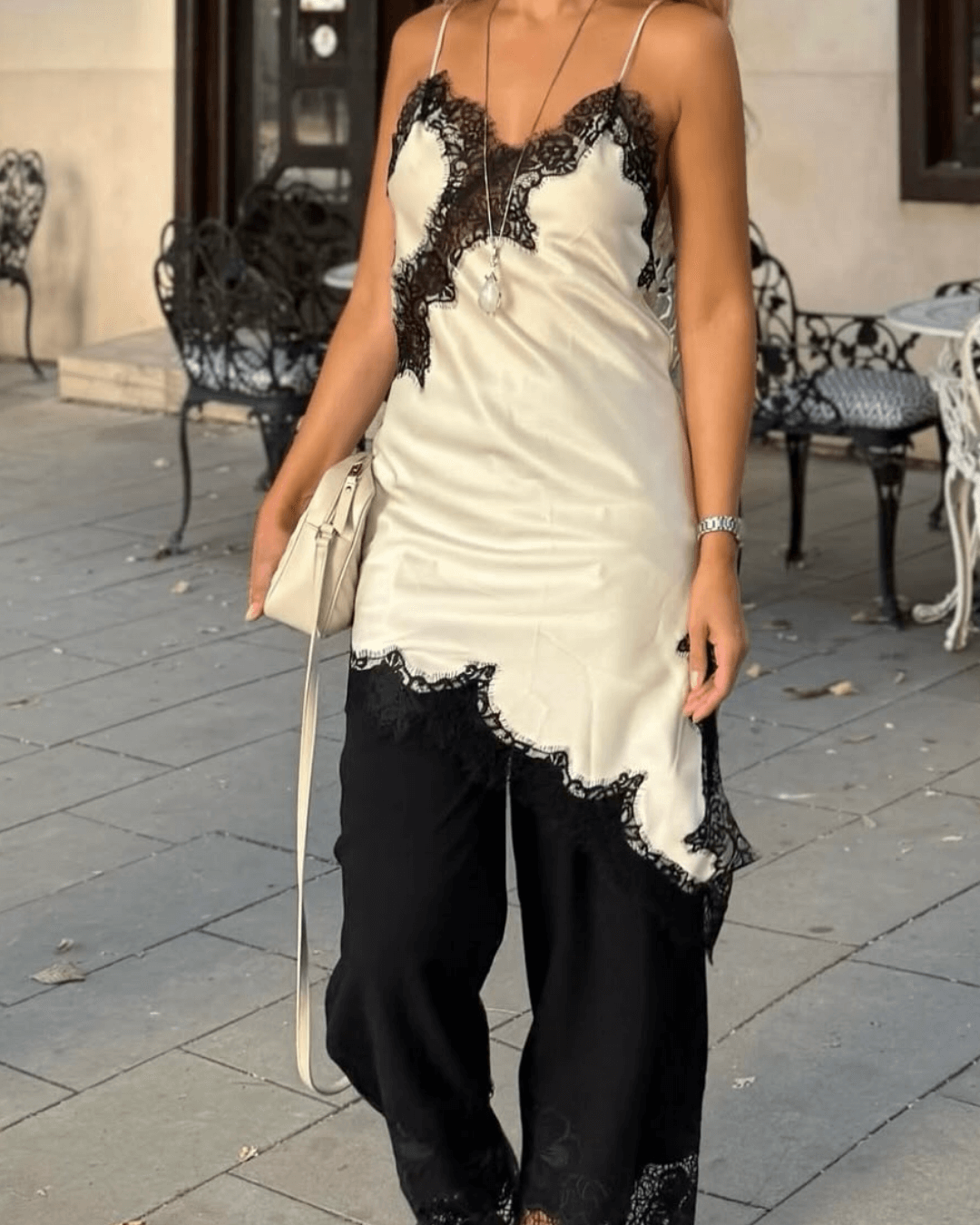 SEAME - Pia Asymmetric Satin Lace Cocktail Dress Black White M