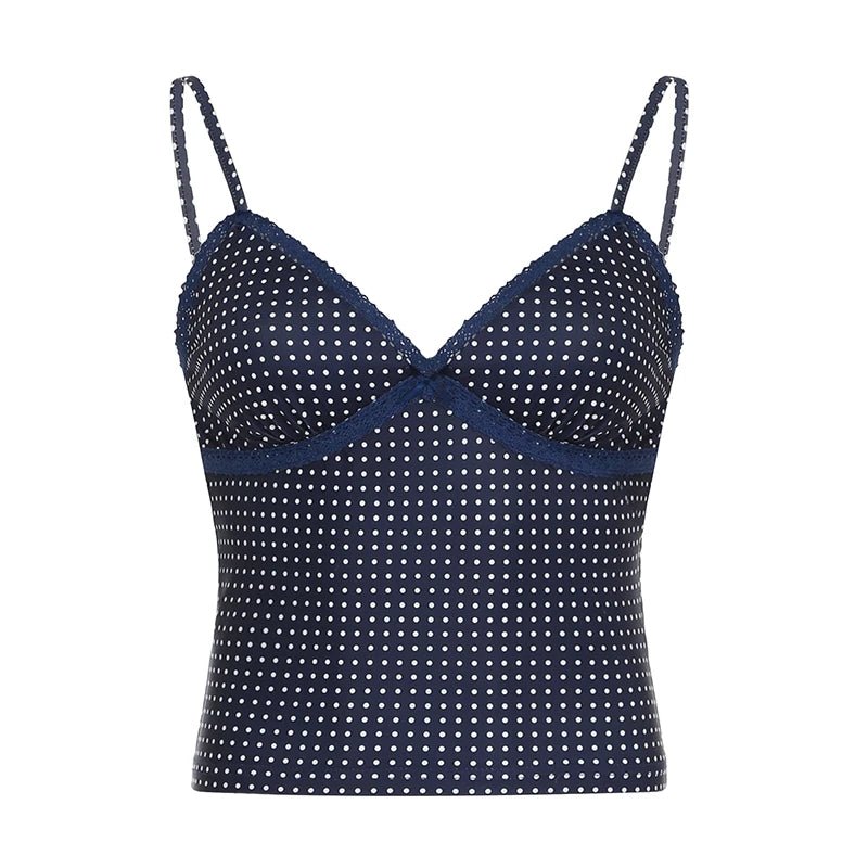 SEAME - SEAME - Polka Dot Crop Top with Lace Stitching for Women, Casual Style Blue S