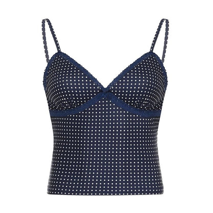 SEAME - SEAME - Polka Dot Crop Top with Lace Stitching for Women, Casual Style Blue S