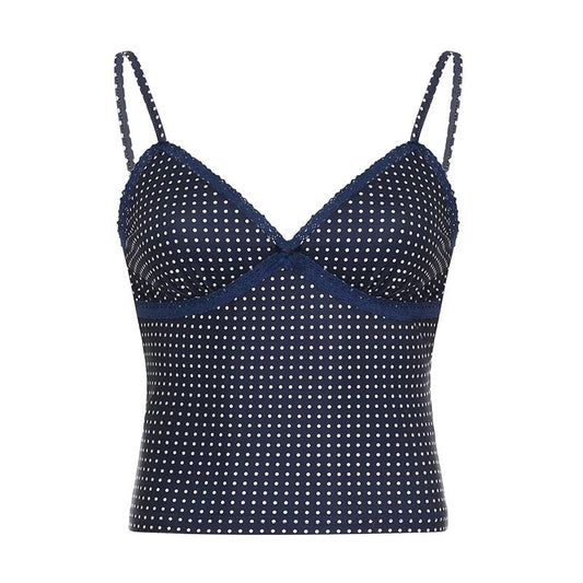 SEAME - SEAME - Polka Dot Crop Top with Lace Stitching for Women, Casual Style Blue S