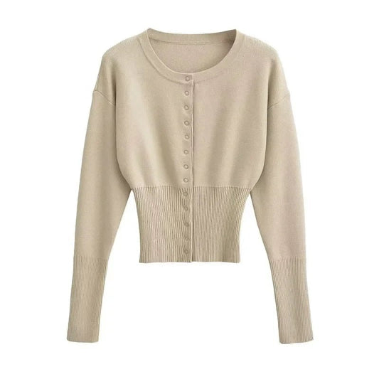 SEAME - SEAME Women's Cardigan Sweater - Casual Solid Knit with Round Neck Beige S