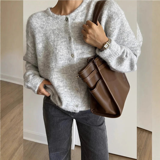 SEAME - SEAME Women's Long Vintage Knitted Cardigan - Casual Cardigan Light Grey M