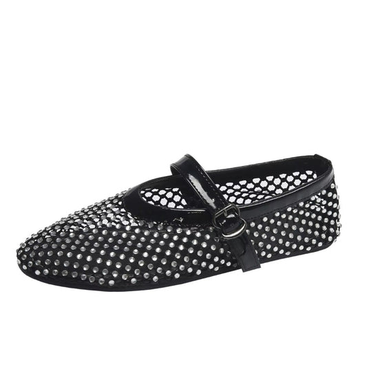 SEAME - SEAME Women's Rhinestone Mesh Ballerina Shoes with Soft Sole Comfort Black 35