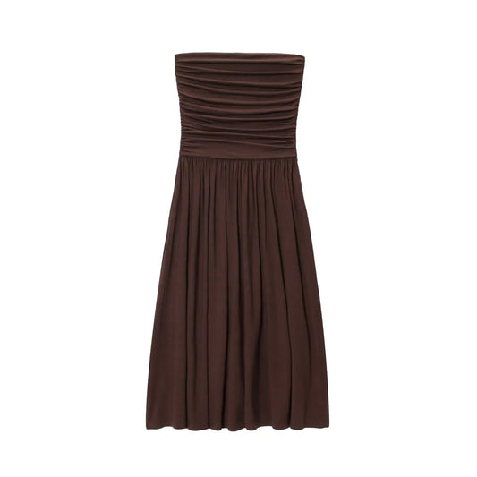 SEAME - SEAME - Women's Summer Dress, Brown Spliced Tube Top Slim Pleated Design Brown S