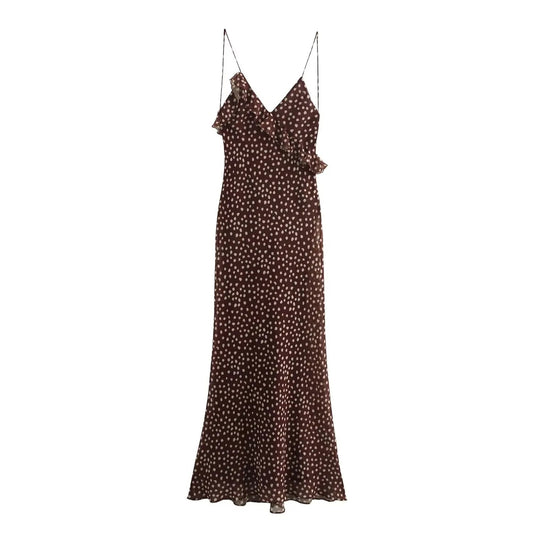 SEAME - SEAME Women's Summer Dress - Sleeveless Polka Dot Suspender with Layered Design Brown XS