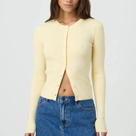 SEAME - Women's Cropped Cardigan Sweater - Long Sleeve Button - Up Design Yellow S